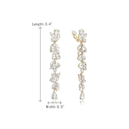 Crysdue Clip On Earrings for Women Rhinestone Crystal Teardrop Cluster Wedding Bridal Non Pierced Long Dangle Earring for Prom Party - color: Clear Gold-Tone