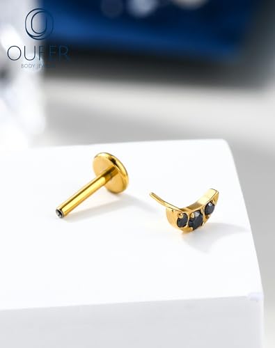 OUFER Body Piercing Titanium Flat Back Nose Stud 18G Moon Cartilage Earring Studs 6MM Threadless Helix Tragus Piercing Jewelry for Women Black Lip Piercing Jewelry - color: gold