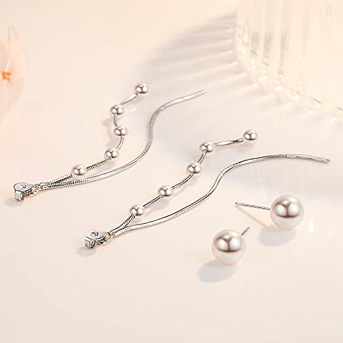 925 Sterling Silver Dangle Earrings with Charms Heart, Water drop, Moon, Star Long Drop Earring for Women Jewelry Gifts Hypoallergenic - color: pearl chain hanging