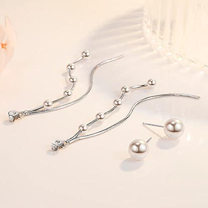925 Sterling Silver Dangle Earrings with Charms Heart, Water drop, Moon, Star Long Drop Earring for Women Jewelry Gifts Hypoallergenic - color: pearl chain hanging