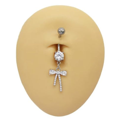 14G CZ Bowknot Dangle Belly Button Rings for Women 316L Surgical Steel Cubic Zirconia Crystal Bow Dangling Belly Navel Rings Silver Curved Barbell Navel Piercing Jewelry