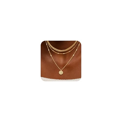 Initial Necklaces for Women Trendy, 14K Gold Plated Letter Necklace Stack Round Coin Disc Pendant Layered Choker Cuban Chain A-Z Gold Necklace Personalized Jewelry Gift Sets for Women - color: J