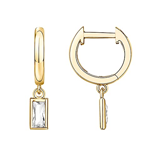 PAVOI 14K Gold Plated Huggie Hoop Earrings with Charms for Women - 925 Sterling Silver Posts Dainty Motif Huggie Hoop Dangle Earrings - Lightweight Dangle Drop Jewelry with Cubic Zirconia - style: Baguette