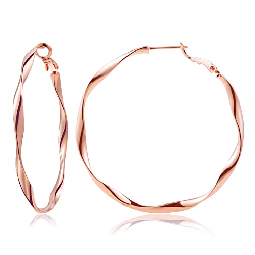 24K Gold Hoop Earrings for Women Trendy Real Gold Plated Twisted Thin Huggie Hoops, Dainty Cute Big Gold Filled Dangle Hoop Earrings Nickel Free Womens Earrings for Sensitive Ears Hypoallergenic - style: Rose Gold 50mm