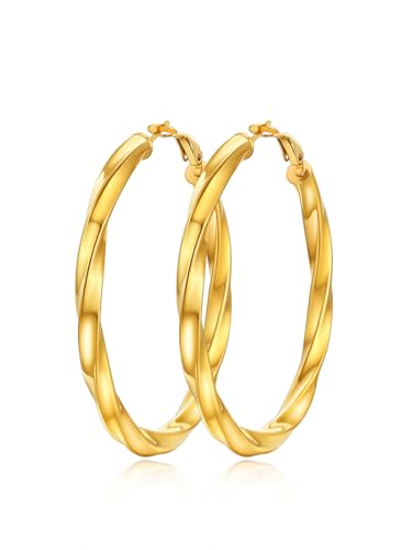 FindChic Twisted Hoop Earrings for Women, Silver/Black/14K Gold Plated Hypoallergenic Hollow Tube Rounded Loop Earrings, 30mm/40mm/60mm/80mm Hoops with Custom Name Options and Gift Box - color: c.Gold, size: 60MM