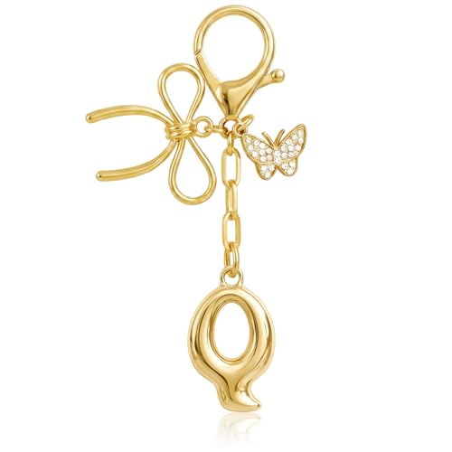 Gold Bubble Heart, Cherry, Bow & More Designs Letter Initial Keychain Bag Charms – Cute Purse Charms for Handbags - color: Bow & Butterfly, style: Q