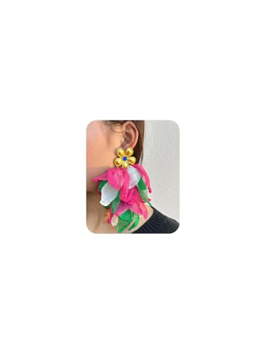 Bohemian Flower Drop Dangle Earrings Vintage Handmade Chiffon Floral Long Tassel Earrings Exaggerated Big Flower Stud Earrings Wedding Bridal Party Ear Jewelry for Women - color: Colorful