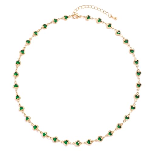 Colorful Necklace for Women,14K Gold Plated Chain With Crystal Necklace Womens Statement Cute Trendy Surfer Beach Choker Necklaces Gifts - color: Green Heart