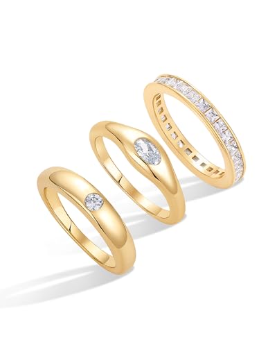PAVOI 14K Gold Plated Stackable Rings for Women - Dainty Stackable Gold Ring Set of Three with Cubic Zirconia Multi-Bands - Trendy Fashion Jewelry - color: Yellow Gold