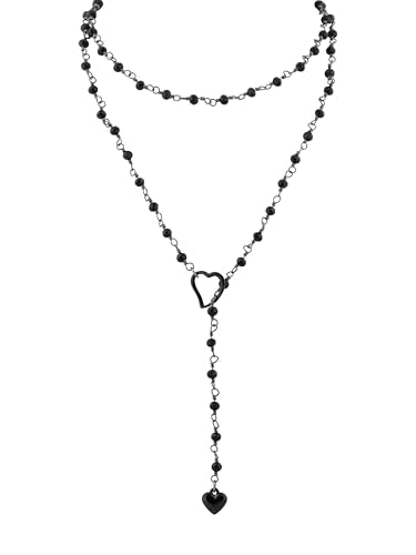 Sacina Long Lariat Beaded Heart Choker Necklace, Goth Emo Punk Grunge Necklace - color: Black
