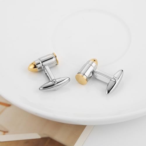 HZMAN Bullet Cufflinks for Men, Stainless Steel Two-Tone High Polished Novelty Cuff Links, Dress Shirt Accessories for Wedding Business Party