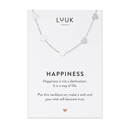 LUUK LIFESTYLE Stainless steel necklace with pendant and HAPPINESS card, 20” adjustable length, lucky charm, friendship chain, Valentine's Day gift, birthday, women's jewelry, silver, gold, rosegold - color: Silver, size: Little hearts