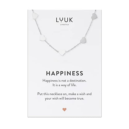 LUUK LIFESTYLE Stainless steel necklace with pendant and HAPPINESS card, 20” adjustable length, lucky charm, friendship chain, Valentine's Day gift, birthday, women's jewelry, silver, gold, rosegold - color: Silver, size: Little hearts