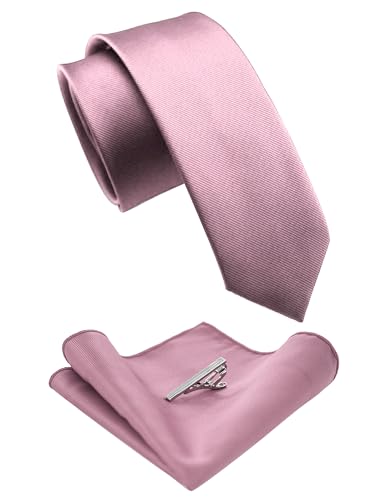JEMYGINS 2.4" Solid Color Skinny Tie and Pocket Square with Tie Clip Sets for Men (6cm) - color: Dusty Rose