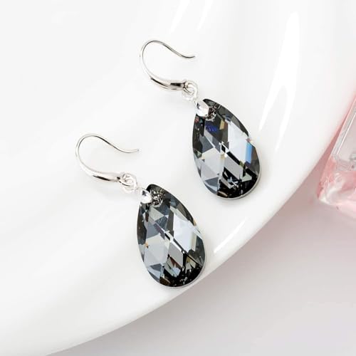 Austrian Crystal Teardrop Dangle Hook Earrings for Women 14K Gold Plated Hypoallergenic Jewelry - color: Grey-Black