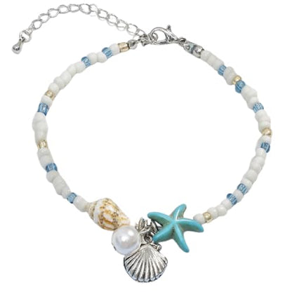 Shell Starfish Bracelet Seahorse Conch Starfish Sea Shell Pearls Charm Stone Bracelet Statement Bohemian Sea Themed Beach Jewelry for Women - color: Blue A