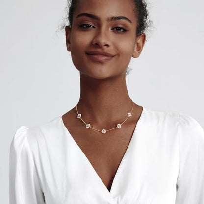 Zeffy Pearl Necklace 4MM/6MM/8MM Dainty Round Imitation Pearl Choker Necklace Wedding Pearl Necklace Delicate Jewelry for Women Simple Bridesmaid Jewelry Gifts - style: Gold Pearl Daisy Necklace(15"+2")