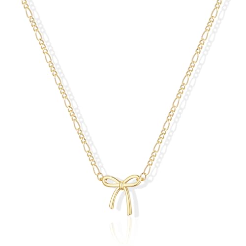 Gold Silver Necklace for Women, Dainty Cubic Zirconia Pendant | Teardrop CZ Charm, 14K Gold/Sterling Silver Plated, Adjustable Chain, Hypoallergenic & Waterproof Jewelry, Cute Trendy Gift - color: Gold-Bow/figaro chain