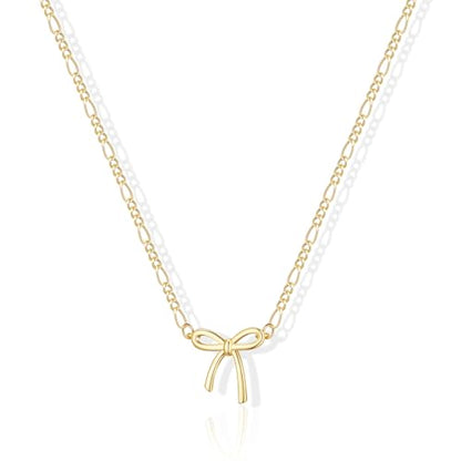 Gold Silver Necklace for Women, Dainty Cubic Zirconia Pendant | Teardrop CZ Charm, 14K Gold/Sterling Silver Plated, Adjustable Chain, Hypoallergenic & Waterproof Jewelry, Cute Trendy Gift - color: Gold-Bow/figaro chain