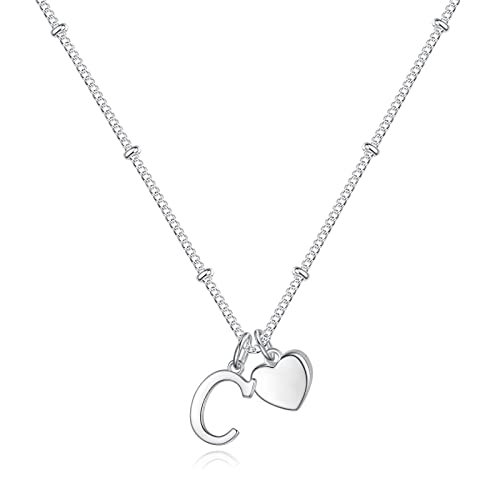 Heart Initial Necklaces for Girls, Letter A-Z Silver Necklace | Silver Plated, Heart Initial Necklaces for Girls, Necklace for Women, Teen Girl Gifts, Dainty Heart Necklaces, Birthday Gifts - color: C