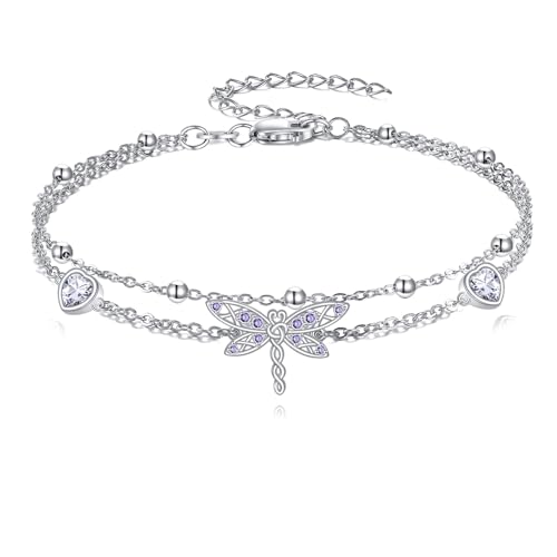 925 Sterling Silver Layered Anklet for Women Adjustable Multilayer Beach Anklet Bracelet - style: Dragonfly