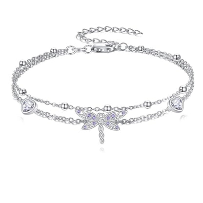 925 Sterling Silver Layered Anklet for Women Adjustable Multilayer Beach Anklet Bracelet - style: Dragonfly