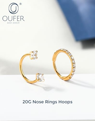 OUFER 2PCS Nose Rings Hoops, 20g Double Gem Horseshoe Threadless Nose Rings for Women, Septum Clicker Daith Tragus Helix Rook Eyebrow Lip Piercing Jewelry - color: Gold