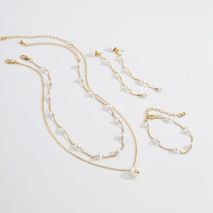 Wedding Jewelry Sets for Brides Bridesmaid Pearl Jewelry Set Fancy Gold Flower Necklace and Earrings Simple Pearl Necklace for Women Bridal Earrings Wedding Accessories Essentials Gifts - color: B2:3pcs pearl jewelry set