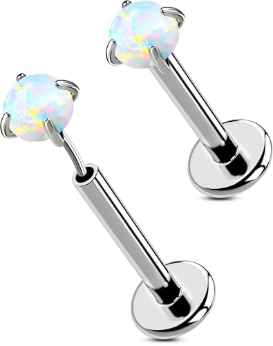 OUFER 2PCS 16G/20G Nose Lip Studs, G23 Solid Titanium Threadless Push in Nose Nostril Lip Labret Medusa Monroe Helix Cartilage Tragus Conch Lobe Piercing Jewelry for Women Men - color: Silver bar, Claw Opal, size: 2pcs, 16g 8mm, 4mm Opal
