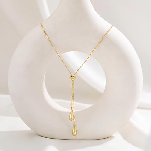 CHESKY Lariat Gold Necklace for Women, Dainty Long Necklace 14k Gold Plated Y-Shaped Pendant Necklace Trendy Layered CZ Beaded Chain Drop Necklaces Simple Gold Jewelry for Women Gifts - color: 6