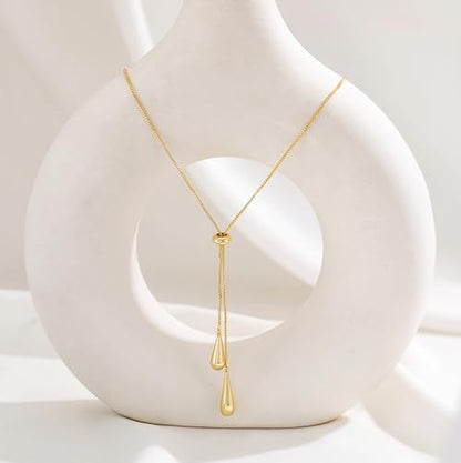 CHESKY Lariat Gold Necklace for Women, Dainty Long Necklace 14k Gold Plated Y-Shaped Pendant Necklace Trendy Layered CZ Beaded Chain Drop Necklaces Simple Gold Jewelry for Women Gifts - color: 6