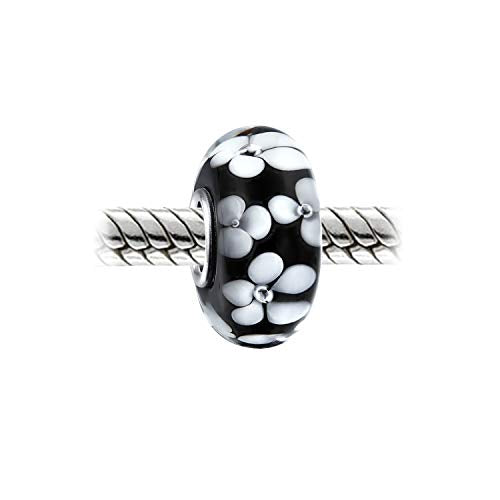 Bling Jewelry .925 Sterling Silver Murano Glass Floral Blue Green Pink Red Black White Flower Spacer Charm Bead For Women Teen for Bracelet - color: Black Set