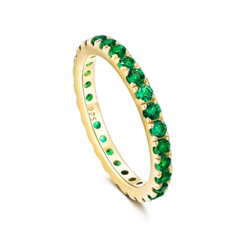 Full Eternity Band 2.4mm Wide Sterling Silver or Gold Color Stackable Birthstone and CZ Anniversary Bands Wedding Ring for Men Women, Comfort fit and Hypoallergenic - color: emerald
