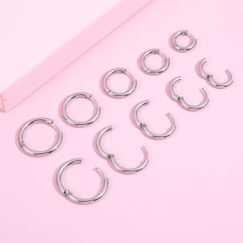 5 Pairs Solid Titanium Hoop Earrings Silver Small Stainless Steel Hoop Earrings 8mm 10mm 12mm 14mm 16mm Huggie Earring Hoops for Women Men
