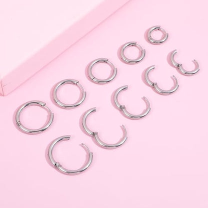 5 Pairs Solid Titanium Hoop Earrings Silver Small Stainless Steel Hoop Earrings 8mm 10mm 12mm 14mm 16mm Huggie Earring Hoops for Women Men