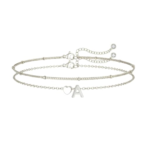 Gold Initial Bracelets for Women Trendy, Dainty Layered 14K Gold Plated Heart Letter Charm Bracelets, letter beads for name bracelets Jewelry Gifts - color: Silver-A