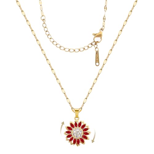 Sunflower Fidget Necklace for Women Gold Moon Necklace Rotating Heart Necklaces Spinning Crystal Flower Anxiety Necklaces Crescent Moons Jewelry Accessories - color: Gold Red