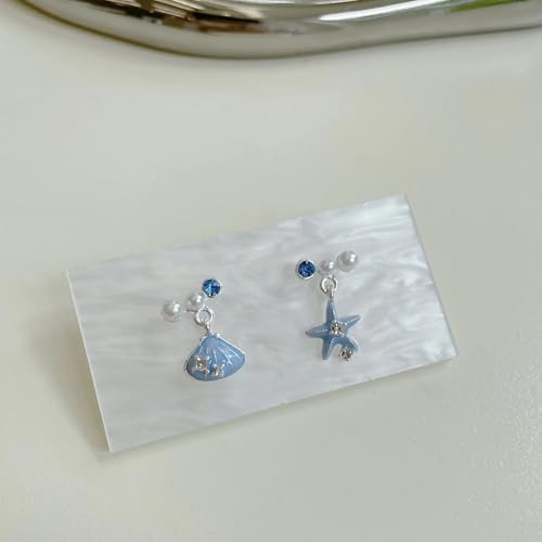 Starfish Shell Mismatched Drop Earrings for Women Blue Ocean Theme Dangle Earrings with Pearl Crystal Accents