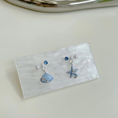 Starfish Shell Mismatched Drop Earrings for Women Blue Ocean Theme Dangle Earrings with Pearl Crystal Accents