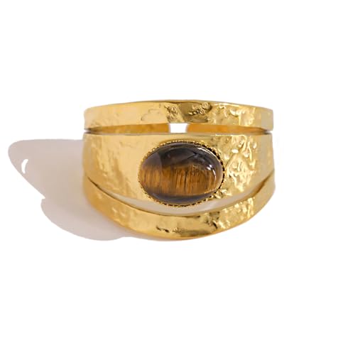 Western Captivating Tiger's Eye Stone Ring,Solitaire 8 * 10mm Oval Cut Gemstone 18K Gold Plated Stack 13mm Wide Ribbed Texture Band Statement Ring for Women - style: Tiger's Eye S