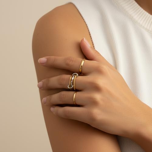 Stackable Rings for Women Non Tarnish Gold Silver Mixed Metal Wedding Band Set Gold Plated Stainless Steel with Cubic Zirconia Dainty Statement Thumb Ring Gift for Christmas Birthday Anniversary Jewelry - style: Gold Triple Band Ring