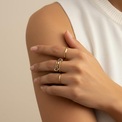 Stackable Rings for Women Non Tarnish Gold Silver Mixed Metal Wedding Band Set Gold Plated Stainless Steel with Cubic Zirconia Dainty Statement Thumb Ring Gift for Christmas Birthday Anniversary Jewelry - style: Gold Triple Band Ring