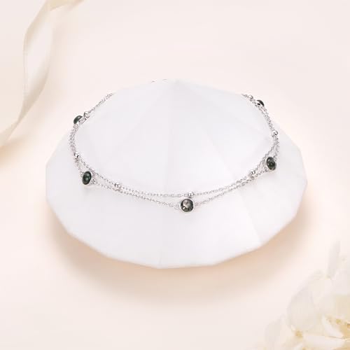 Flyow Anklet for Women S925 Sterling Silver Adjustable Foot Beaded Heart Charm Ankle Bracelet Anklets Jewelry - style: Agate