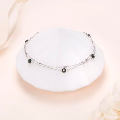 Flyow Anklet for Women S925 Sterling Silver Adjustable Foot Beaded Heart Charm Ankle Bracelet Anklets Jewelry - style: Agate