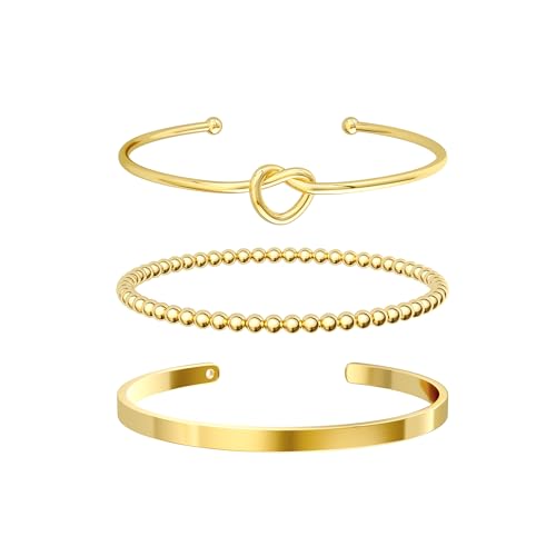 14K Gold Plated Stackable Bangle Bracelets for Women | Dainty Cuff Bracelets, Stackable for Women, Waterproof Bracelet Stack, Gold Jewelry Gifts Trendy Adjustable Accessories - color: 3-layer-G-Gold