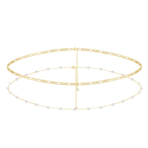 2PCS Gold Silver Waist Chain Adjustable Layered Belly Chain Body Chain Jewelry for Women Sexy Bikini Beach Boho Pearl Beaded Cuban Satellite Waist Chains - style: 2PCS-GD-Figaro+Pearl