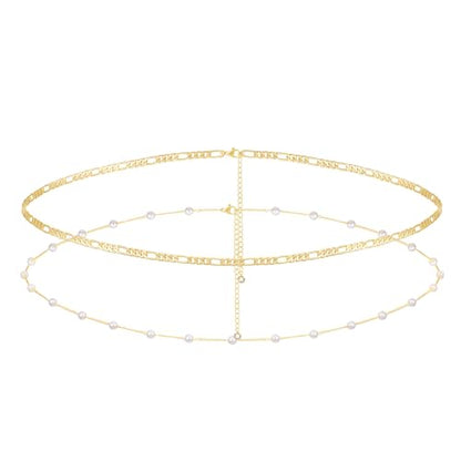 2PCS Gold Silver Waist Chain Adjustable Layered Belly Chain Body Chain Jewelry for Women Sexy Bikini Beach Boho Pearl Beaded Cuban Satellite Waist Chains - style: 2PCS-GD-Figaro+Pearl