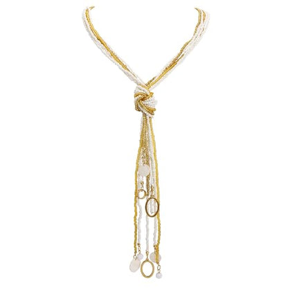 Coiris Long Seed Beaded Multi Strand Necklace,10 Multiple Statement Long Bib Necklace with Tie Knot for Women and Girls Jewelry - color: Natural