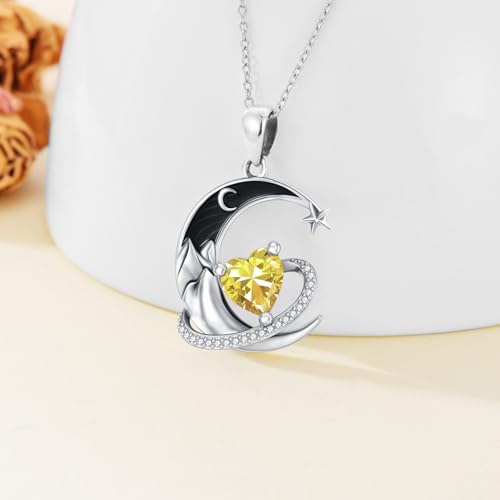 I Love You to the Moon and Back Necklace 925 Sterling Silver Black Crescent Moon Star Pendant with Heart Birthstone Necklace Anniversary Gothic Jewelry Gifts for Women Wife Lovers - color: 11-Nov-Citrine