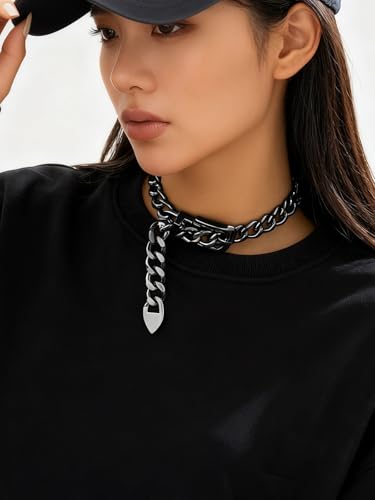 Cuban Link Chain Necklace Punk Belt Buckle Shaped Chunky Choker Necklace Statement Thick Chain Necklace Jewelry Gifts for Women Men - color: Style1-black